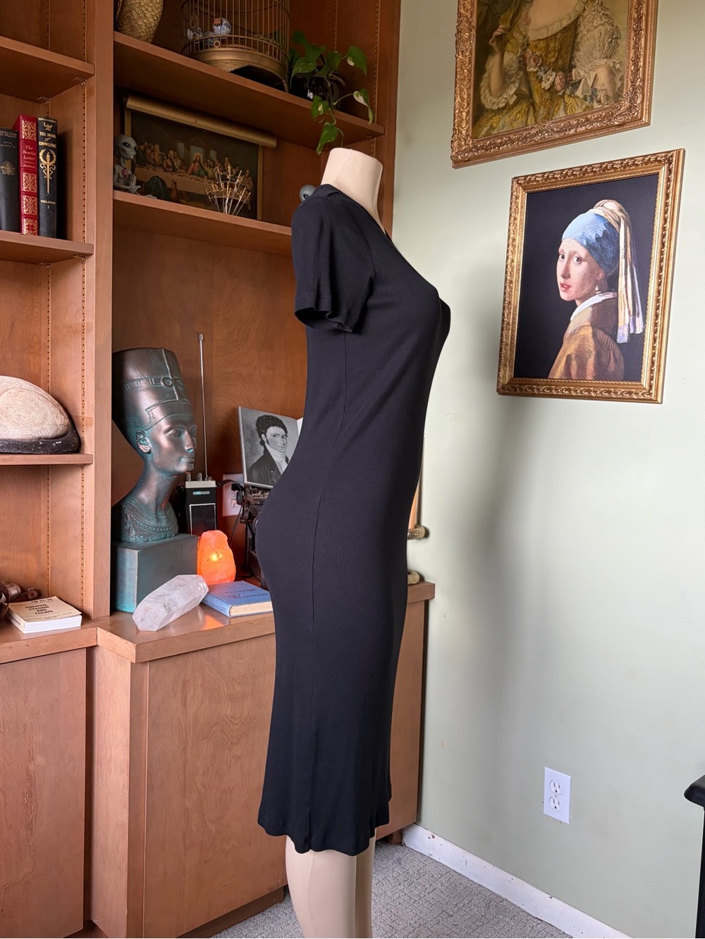 H & M Black Short-Sleeve Soft Rib Knit Midi Dress Size XS Dark Romantic Bodycon - Picture 10 of 14